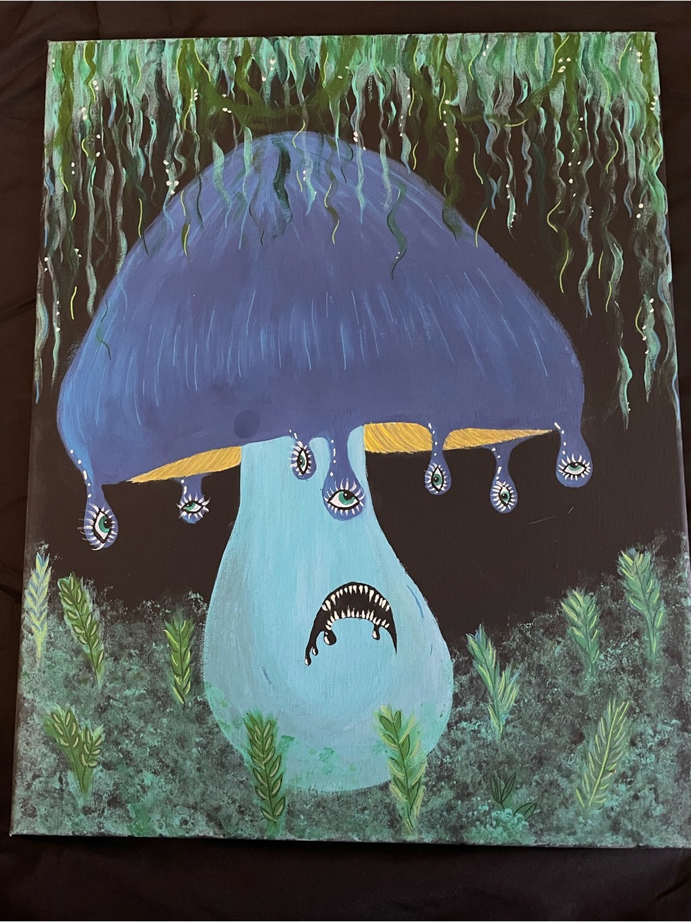 Surreal Blue Mushroom Wall Art - Hand-Painted Blue Home Painting